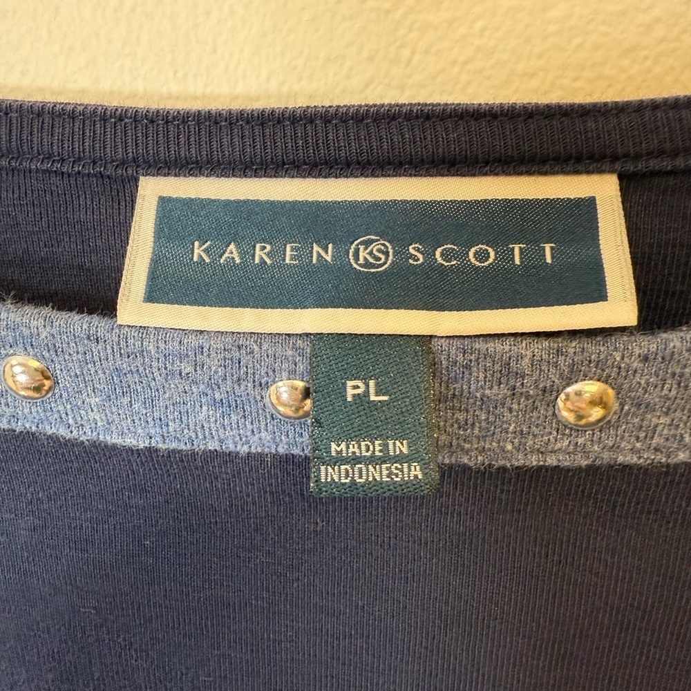 Karen Scott Studded Boat Neck Cotton Top Navy 3/4 Sleeve Women’s Petite Large - Picture 5 of 7